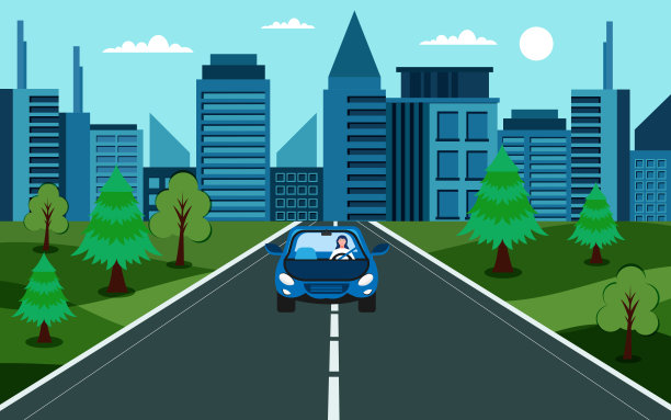 通往城市的路。丘陵景观与城市景观为背景。空旷的大路穿过草地图片下载