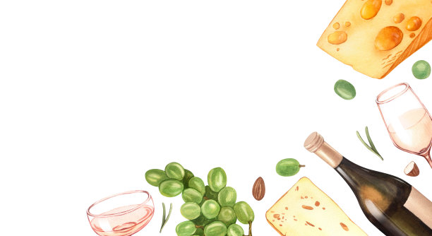 水彩葡萄酒和奶酪模板。手绘背景与食物对象。白葡萄酒瓶子和玻璃，绿葡萄，奶酪。概念酒单，标签，横幅，菜单，传单，小册子图片下载