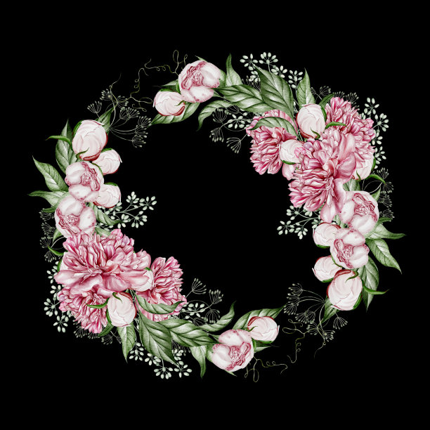 牡丹花绿叶水彩画卡。图片下载