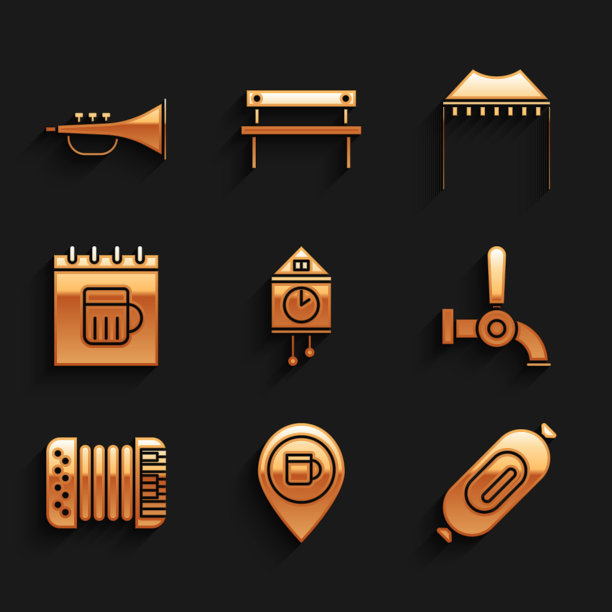 集复古墙手表，酒精或啤酒酒吧的位置，香肠，啤酒龙头，手风琴，圣帕特里克日日历，露营帐篷和乐器小号图标。向量图片下载