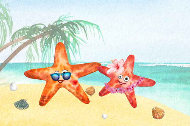 水彩插图顶视图海星沙滩，贝壳，蓝色的波浪。漂亮的明信片或背景。图片下载