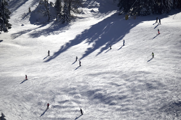 冬季运动员与滑雪和滑雪板的鸟瞰图。白色的雪坡上的山。人们滑雪和单板滑雪。德国，黑森林，费尔德伯格，格拉芬马特。图片下载