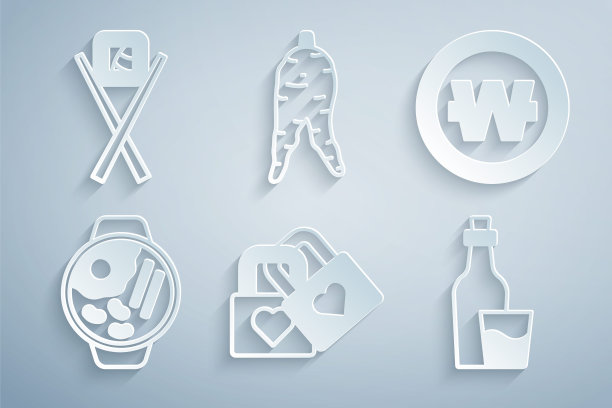 集锁与心，韩国韩元硬币，拉面，烧酒瓶，人参根和寿司筷子图标。向量图片下载