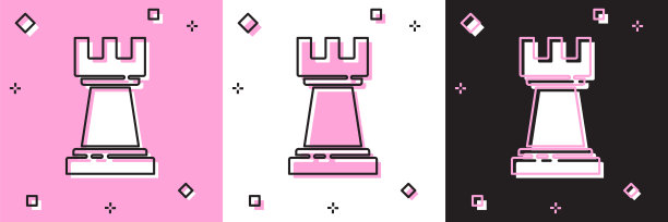 集国际象棋图标孤立的粉红色和白色，黑色的背景。商业策略。游戏、管理、金融。向量图片下载