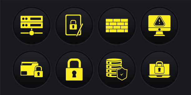 设置文件夹和锁，带有感叹号的监视器，锁，服务器屏蔽，防火墙，安全墙，平板电脑关闭挂锁，笔记本电脑和服务器，数据，Web托管图标。向量图片下载