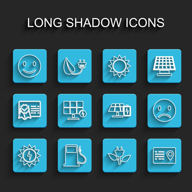 设置线太阳能板，汽油或加油站，笑脸，节电插头叶，地址簿，悲伤的微笑和电池图标。向量图片下载