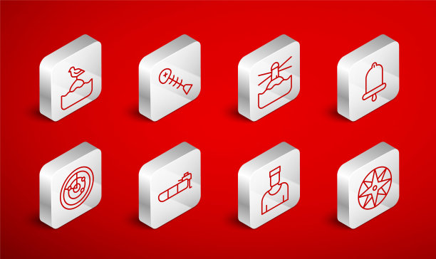 设线风起，死鱼，灯塔，船钟，水手船长，海鸥坐在浮标上，充气船与马达和雷达目标图标。向量图片下载