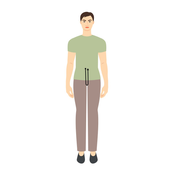 男士做胯部深度测量身体用箭头时装插图尺寸图表。身材平平的男性人物，身前8个头，身穿绿色衬衫。人类绅士信息图表模板的衣服图片下载