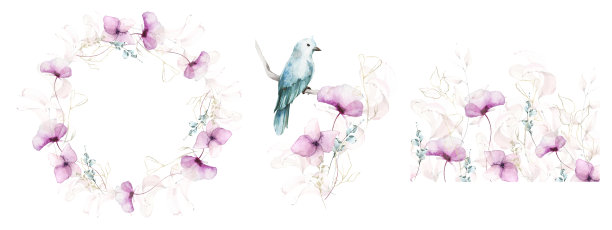 水彩画集。花束有蓝色，绿松石叶和枝，紫罗兰花，鸟，金色线条图形。图片下载