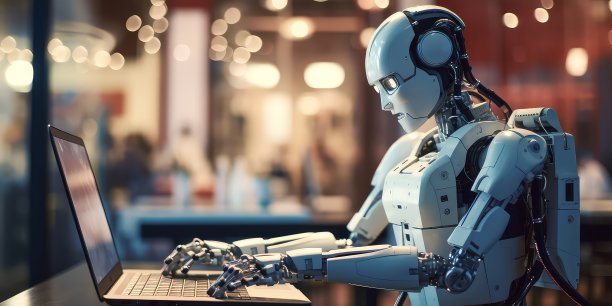 在笔记本电脑上编写人形机器人程序。人工智能取代人类员工的概念。图片下载