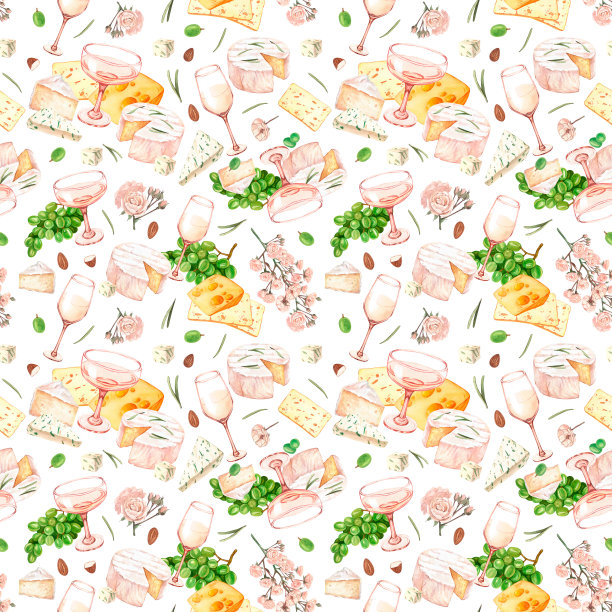 水彩无缝图案酒，奶酪，葡萄和鲜花。手绘背景与食物对象。概念织物印刷，标签，横幅，菜单，传单，纺织品，织物或背景。图片下载