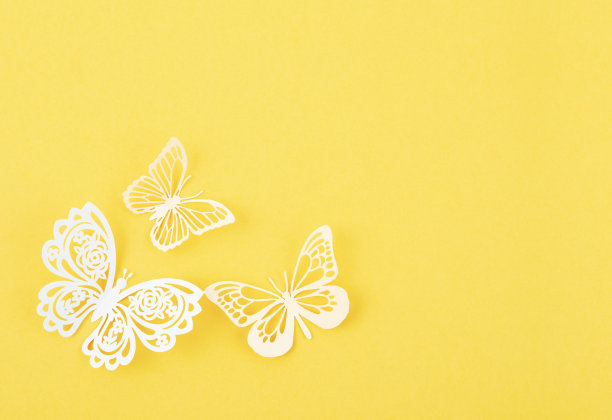 纸蝴蝶雕刻在一个空白的黄色背景上。图片下载