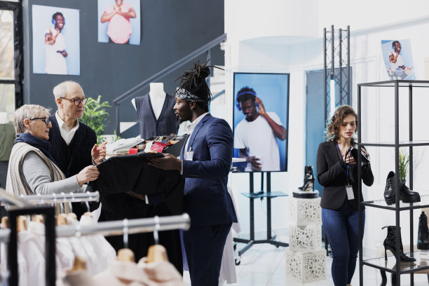 老年时尚夫妇在展示厅选购休闲装图片下载