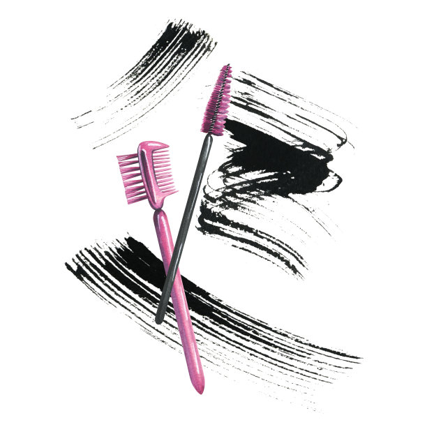 用涂有黑色颜料、睫毛膏的刷子来梳理睫毛和眉毛。水彩插图，手绘。白色背景上孤立的构图。图片下载