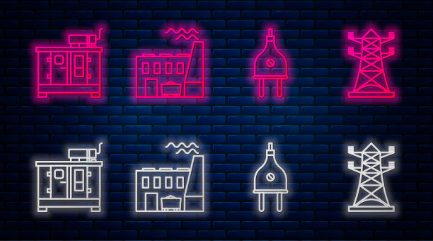 配套火电厂、工厂、插头、柴油发电机组、高压电线杆线路。砖墙上发光的霓虹灯图标。向量图片下载