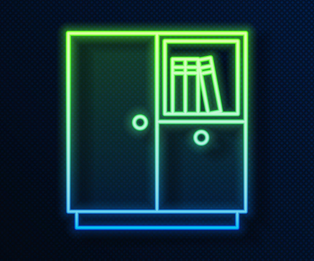 发光的霓虹线衣柜图标孤立的蓝色背景。向量图片下载