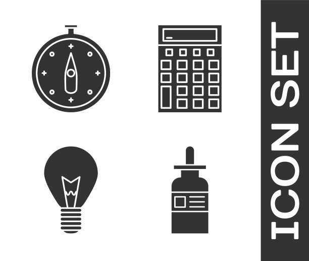 集玻璃瓶移液管，指南针，灯泡与概念的想法和计算器图标。向量图片下载