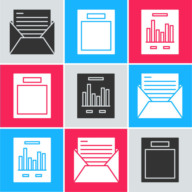 设置邮件和电子邮件，空表单和文档与图表图标。向量图片下载