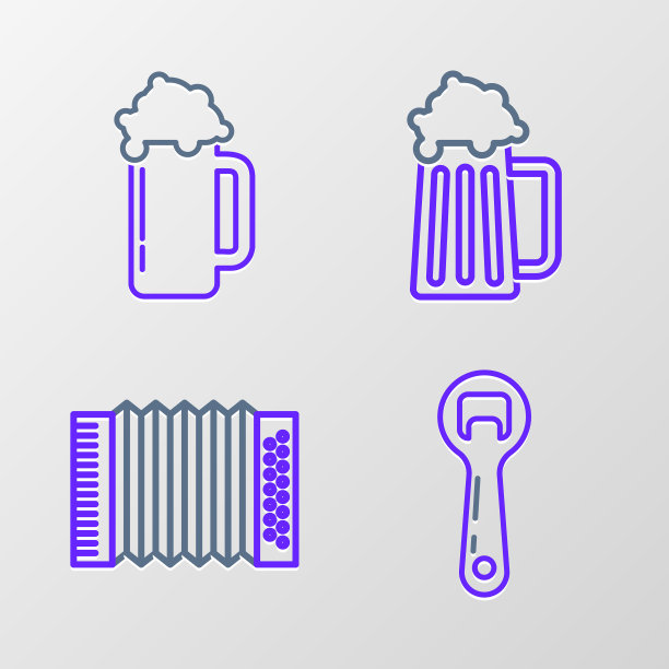 设置线开瓶器，乐器手风琴，木制啤酒杯和玻璃图标。向量图片下载