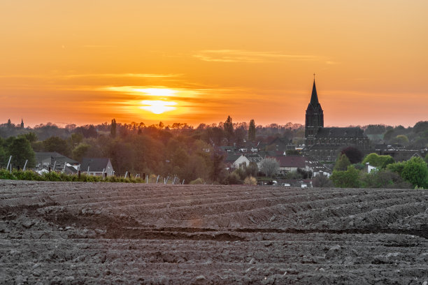 夏日清晨，五彩缤纷的日出，地面上有一点雾，在荷兰林堡的山坡上可以看到壮观的景色图片下载