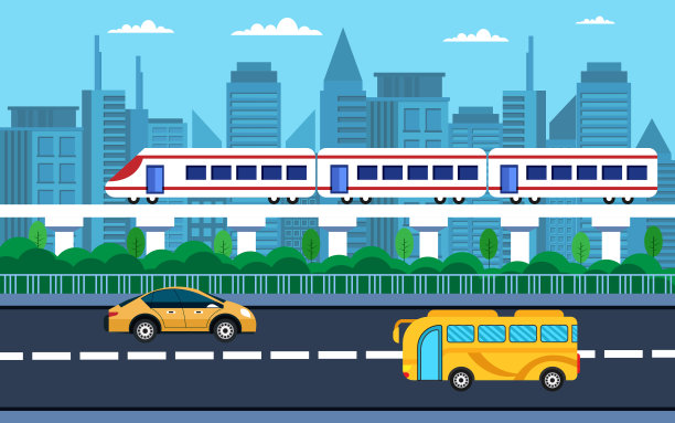 城市交通小汽车、公共汽车、火车概念图片下载