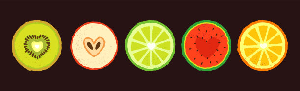情人节送心形水果片。几何形状在现代明亮的迷幻风格。矢量插图孤立的黑色背景图片下载