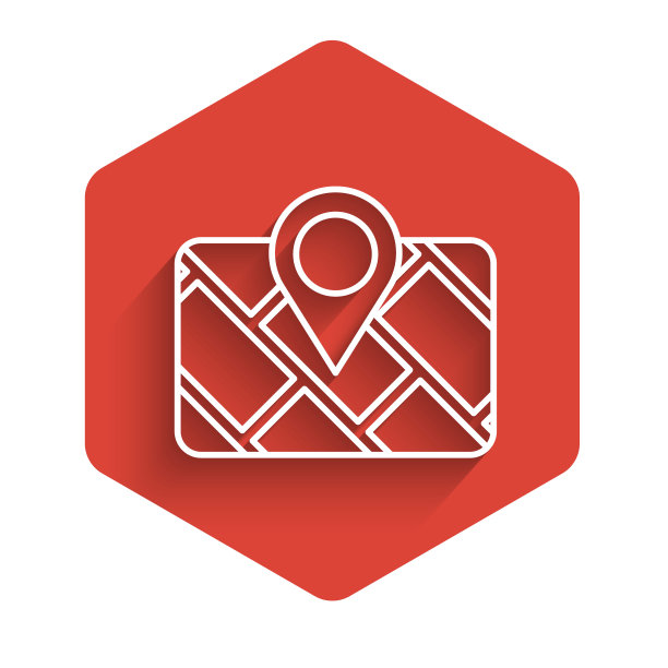 白线Gps设备与地图图标隔离与长阴影。红色六边形按钮。向量图片下载