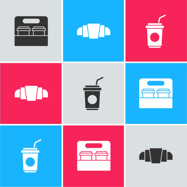 咖啡杯外带，牛角面包和带有吸管图标的纸杯。向量图片下载