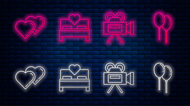 套装线卧室，电影摄像机，两个相连的心和气球带丝带。砖墙上发光的霓虹灯图标。向量图片下载