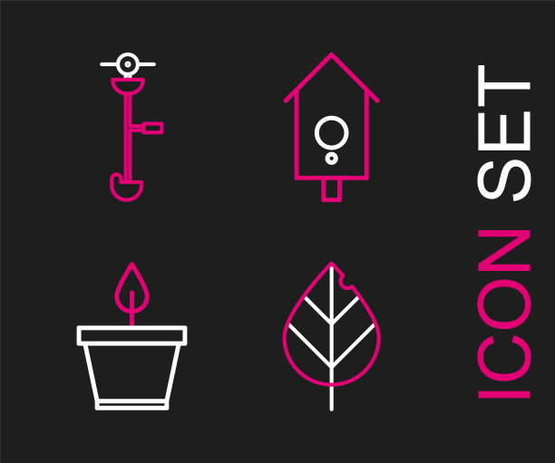 设置线叶子，盆栽植物，复古墙手表和草和杂草电动串修剪图标。向量图片下载