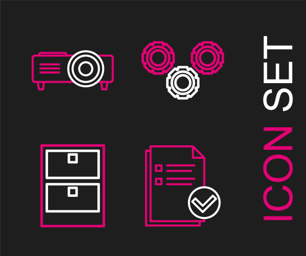 设置线文件和检查标记，档案文件抽屉，齿轮和演示，电影，电影，媒体投影仪图标。向量图片下载