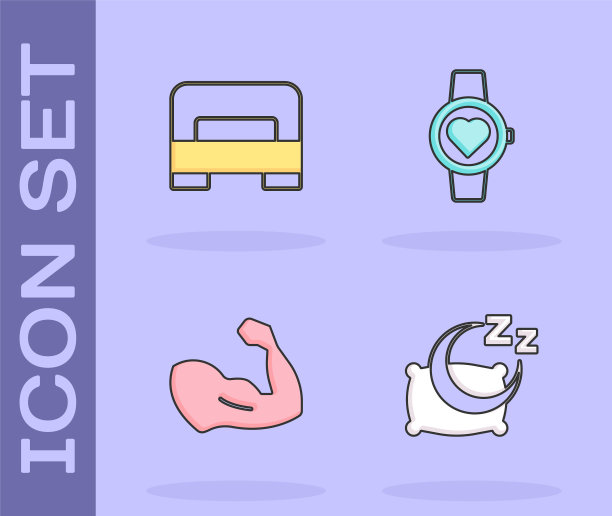 设置睡觉时间，大床，健美运动员肌肉和智能手表图标。向量图片下载