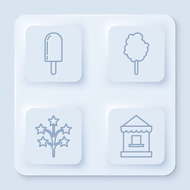 集冰淇淋、棉花糖、烟花、售票于一体。白色方形按钮。向量图片下载