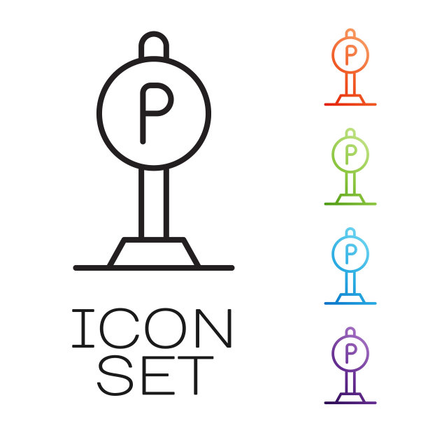黑线停车图标孤立在白色背景。街道路牌。设置图标彩色。向量图片下载