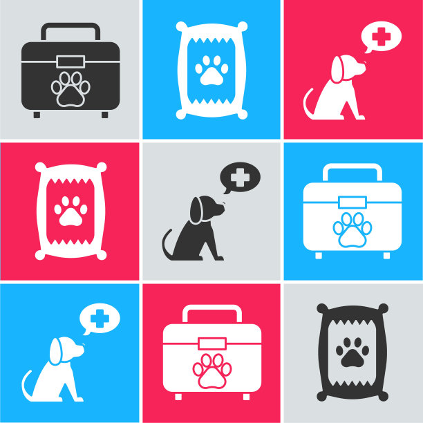设置宠物急救箱，狗粮袋和兽医诊所标志图标。向量图片下载