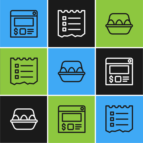 设置在线订购和送货，鸡蛋盒和购物清单图标。向量图片下载