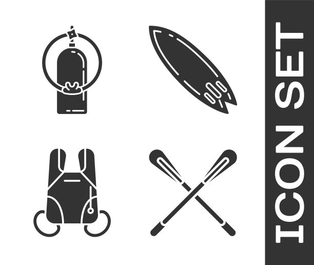 设置交叉桨，水，降落伞和冲浪板图标。向量图片下载