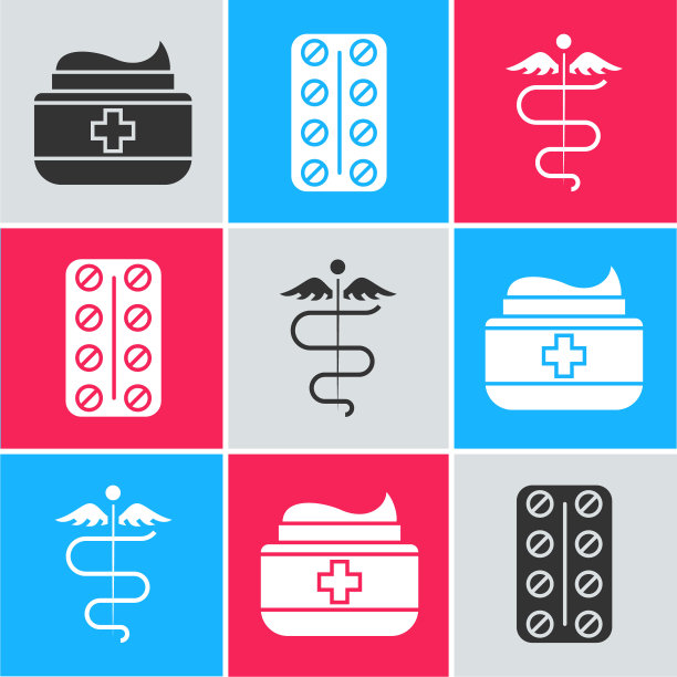 设置药膏膏管药，药丸在水泡包装和蛇杖医药符号图标。向量图片下载