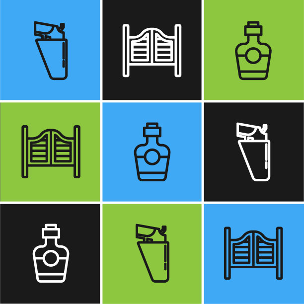 套线左轮手枪枪套，龙舌兰酒瓶和沙龙门图标。向量图片下载