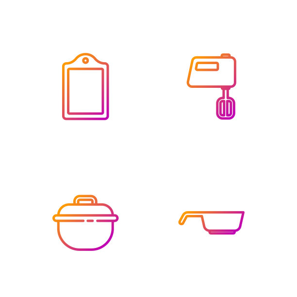 设有煎锅，锅，菜板和电动搅拌机。渐变颜色图标。向量图片下载