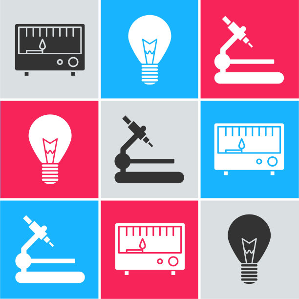 设置电气测量仪器，灯泡和显微镜图标。向量图片下载