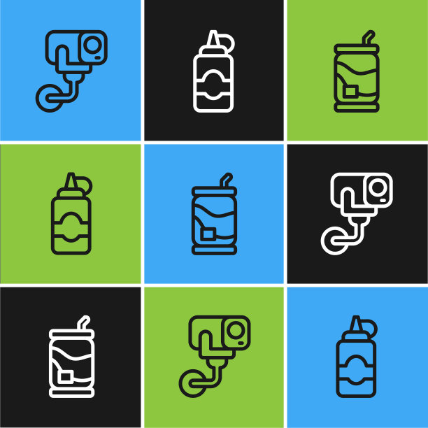 设置线路安全摄像头，汽水罐和酱汁瓶图标。向量图片下载