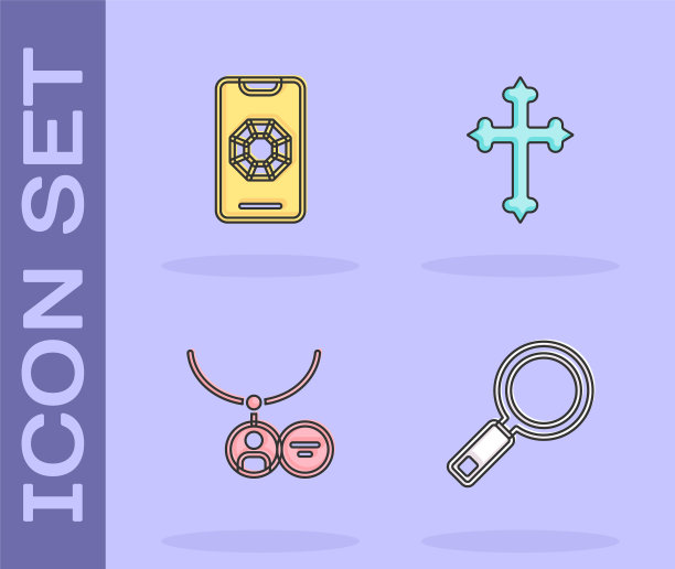 集放大镜，珠宝网上购物，吊坠项链和基督教十字架图标。向量图片下载