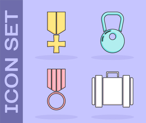 设置军事弹药箱，军事奖励奖章，军事奖励奖章和壶铃图标。向量图片下载