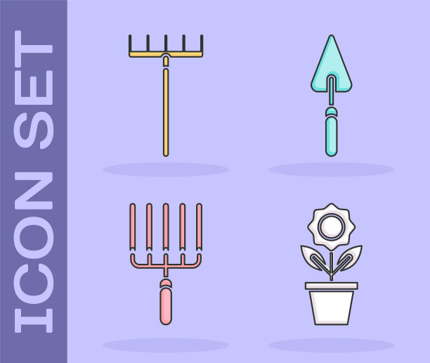 设置花盆花，花园耙，花园耙在工作和花园铲铲子或铲子图标。向量图片下载