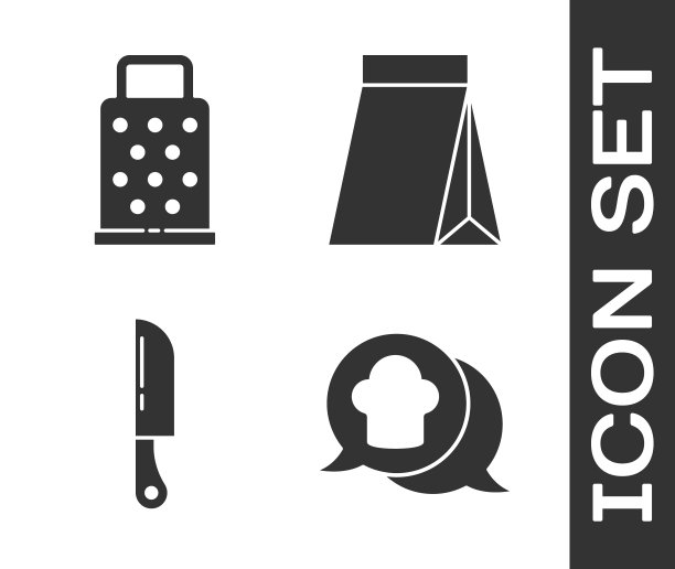 设置厨师帽在语音气泡，磨碎器，刀和咖啡豆袋图标。向量图片下载