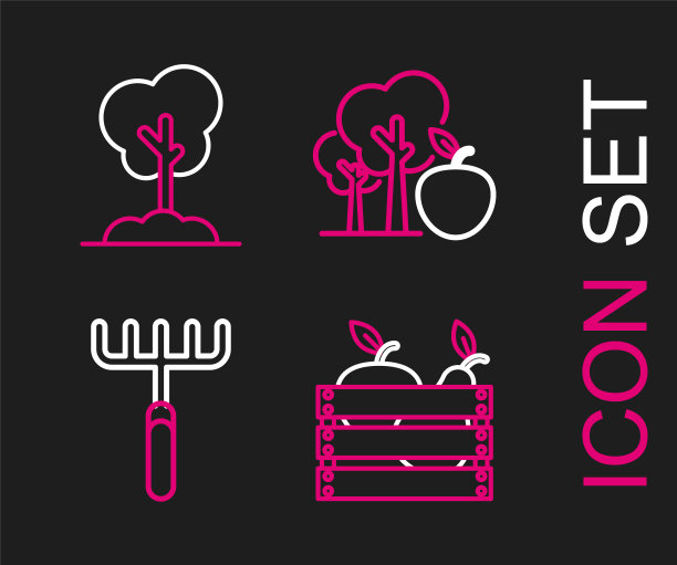 设置线木盒水果和蔬菜，花园耙，树与苹果和在地面图标。向量图片下载