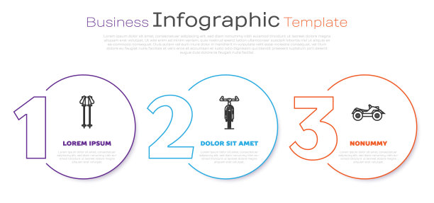 设置线滑雪杆，自行车和全地形车辆或ATV摩托车。业务信息图表模板。向量图片下载