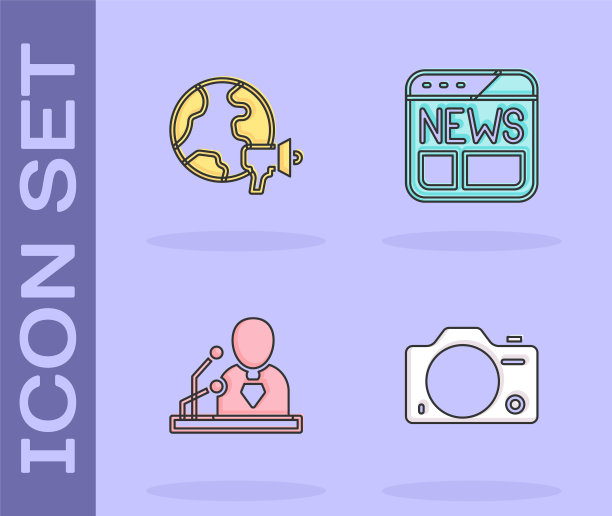 集照片相机，世界新闻，突发新闻和新闻图标。向量图片下载
