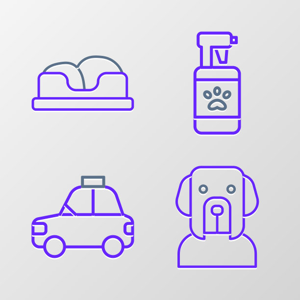 设置线狗，宠物车出租车，洗发水和床图标。向量图片下载